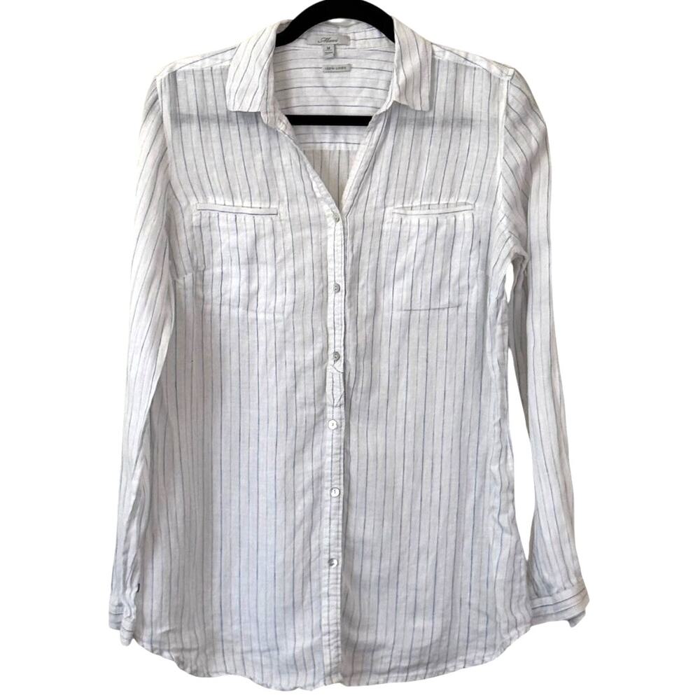 Mavi White Blue Linen Striped Button Down Long Sleeve Medium Resortwear Preppy